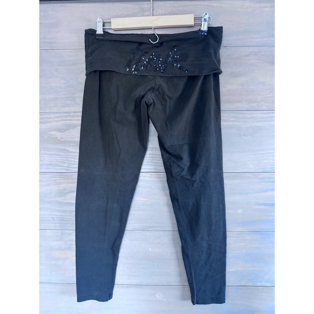 Vintage Victorias Secret PINK Yoga Leggings Black Foldover Sequin Logo Medium